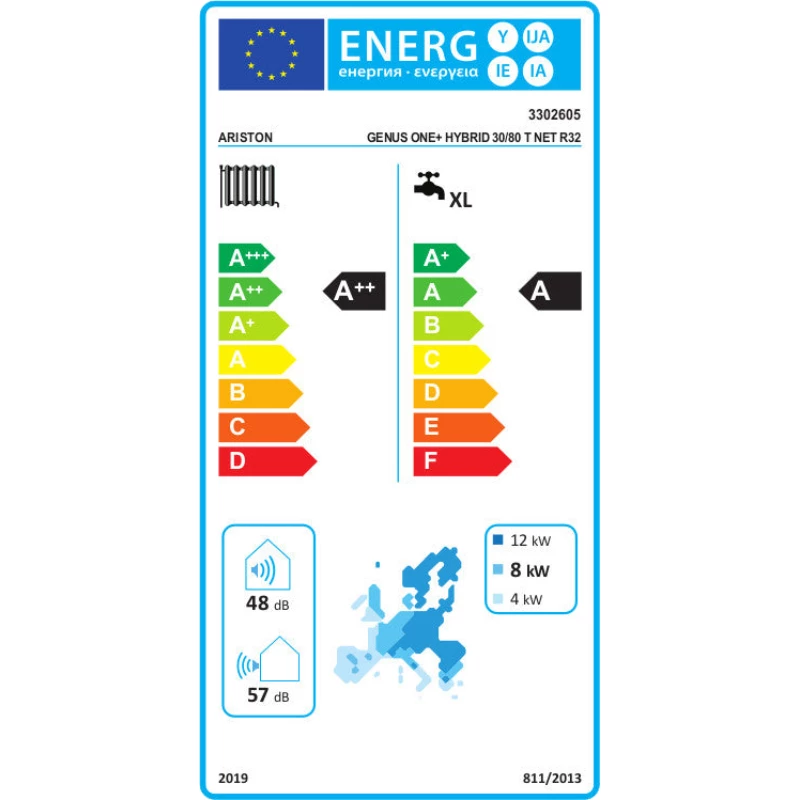 Ariston 30 kW-os fali kombi kondenzációs gázkazán 8,0 kW-os levegő/víz hőszivattyúval, GenusOne Hybrid 30/80 T Net R32