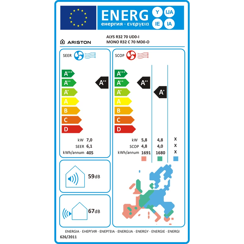 Ariston Alys 70 R32,Inverteres fali split klímaberendezés R32 hűtőközeggel, 7,0kW hűtőteljesítménnyel