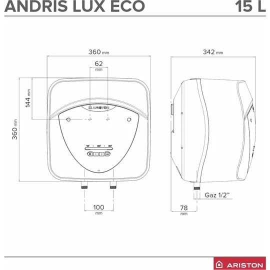 Ariston AN LUX ECO 15/5 EU villanybojler, 15 literes, ECO funkcióval, LCD kijelzővel, felső elhelyezésű