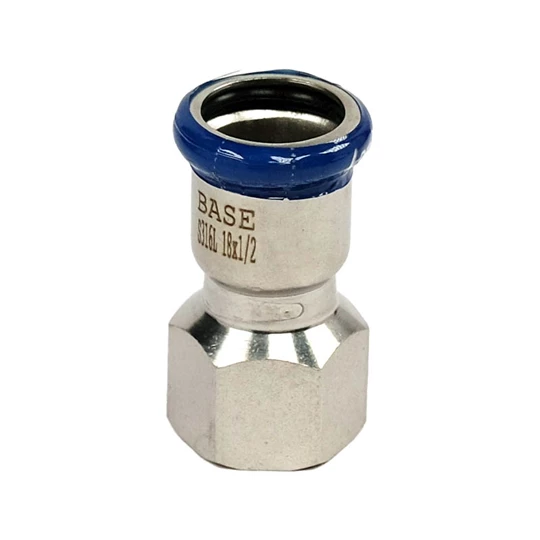 BASE PRESS-M rozsdamentes acél csatlakozó idom, belső menetes, 18 mm - 1/2" BM, 1.4404 - 316L