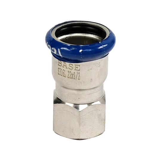 BASE PRESS-M rozsdamentes acél csatlakozó idom, belső menetes, 22 mm - 1/2" BM, 1.4404 - 316L