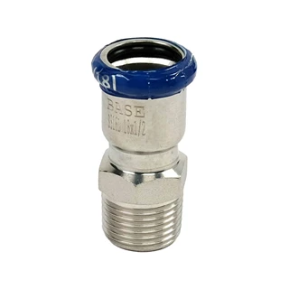 BASE PRESS-M rozsdamentes acél csatlakozó idom, külső menetes, 18 mm - 1/2" KM, 1.4404 - 316L