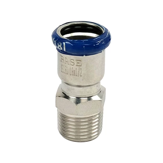 BASE PRESS-M rozsdamentes acél csatlakozó idom, külső menetes, 18 mm - 1/2" KM, 1.4404 - 316L