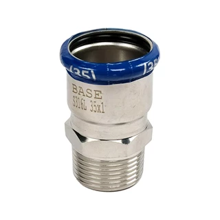 BASE PRESS-M rozsdamentes acél csatlakozó idom, külső menetes, 35 mm - 1" KM, 1.4404 - 316L