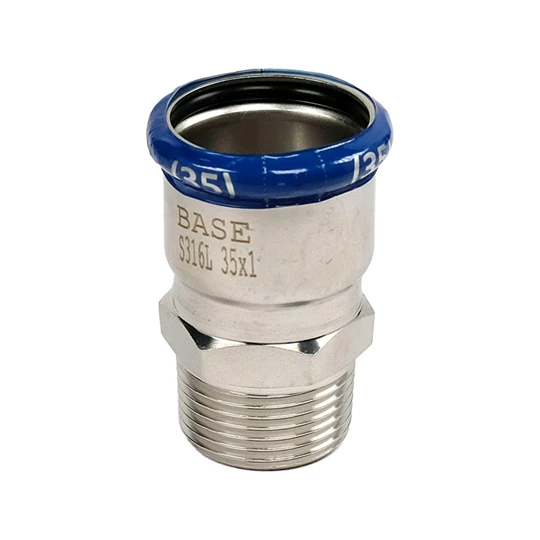 BASE PRESS-M rozsdamentes acél csatlakozó idom, külső menetes, 35 mm - 1" KM, 1.4404 - 316L