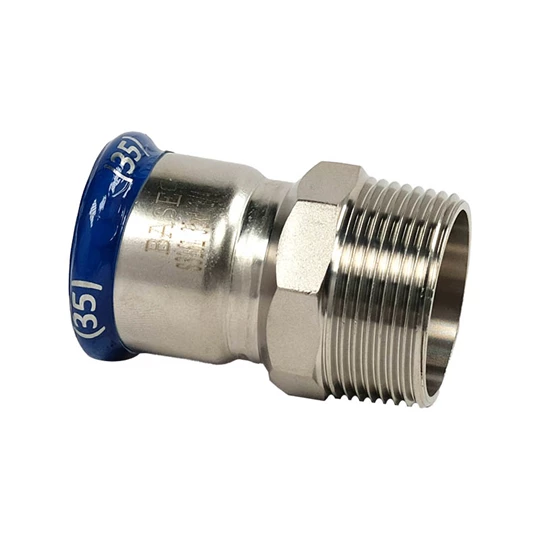 BASE PRESS-M rozsdamentes acél csatlakozó idom, külső menetes, 35 mm - 5/4" KM, 1.4404 - 316L