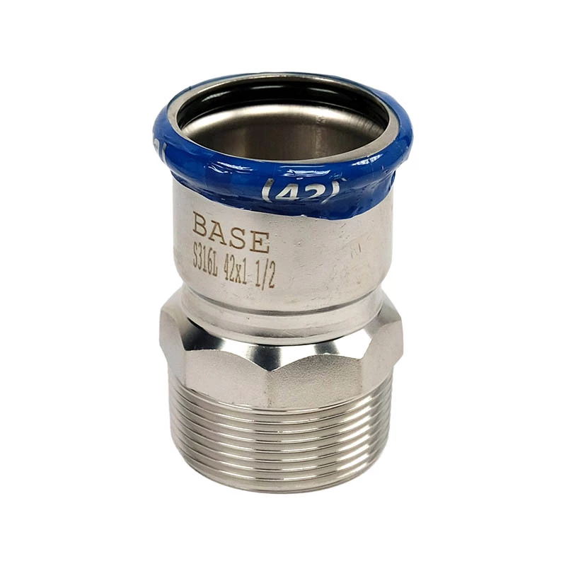 BASE PRESS-M rozsdamentes acél csatlakozó idom, külső menetes, 42 mm - 6/4" KM, 1.4404 - 316L