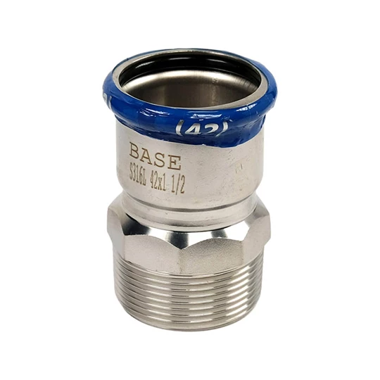 BASE PRESS-M rozsdamentes acél csatlakozó idom, külső menetes, 42 mm - 6/4" KM, 1.4404 - 316L