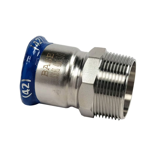 BASE PRESS-M rozsdamentes acél csatlakozó idom, külső menetes, 42 mm - 6/4" KM, 1.4404 - 316L