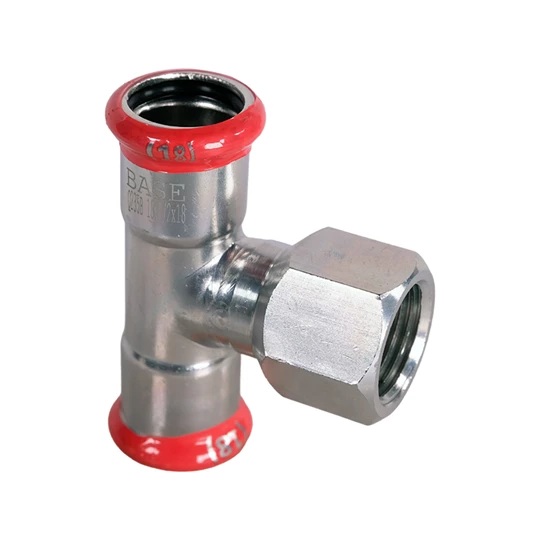 BASE PRESS-M szénacél T-idom, belső menetes, 15 mm - 1/2" - 15 mm, horganyzott