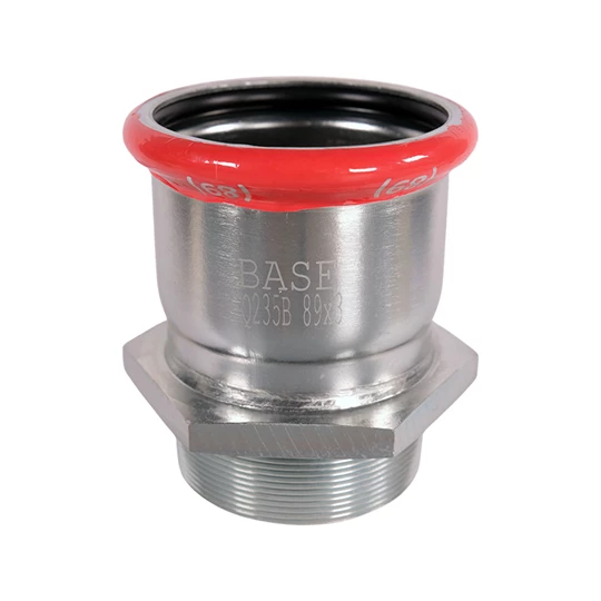 BASE PRESS-M szénacél csatlakozó idom, külső menetes, 89 mm - 3" KM, horganyzott