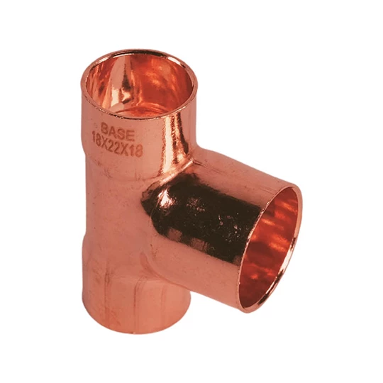 BASE forrasztható réz T-idom, szűkített, 18 - 22 - 18 mm
