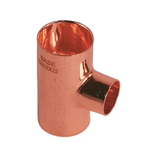 BASE forrasztható réz T-idom, szűkített, 22 - 15 - 22 mm