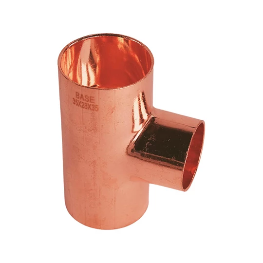 BASE forrasztható réz T-idom, szűkített, 35 - 28 - 35 mm