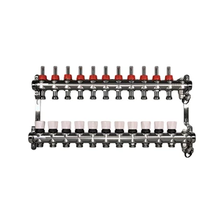 BASE rozsdamentes osztó-gyűjtő, áramlásmérős, 11 körös, konzollal, kézi légtelenítővel