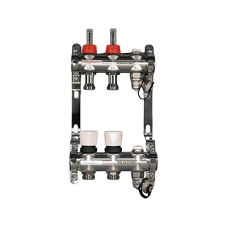 BASE rozsdamentes osztó-gyűjtő, áramlásmérős,  2 körös, konzollal, kézi légtelenítővel