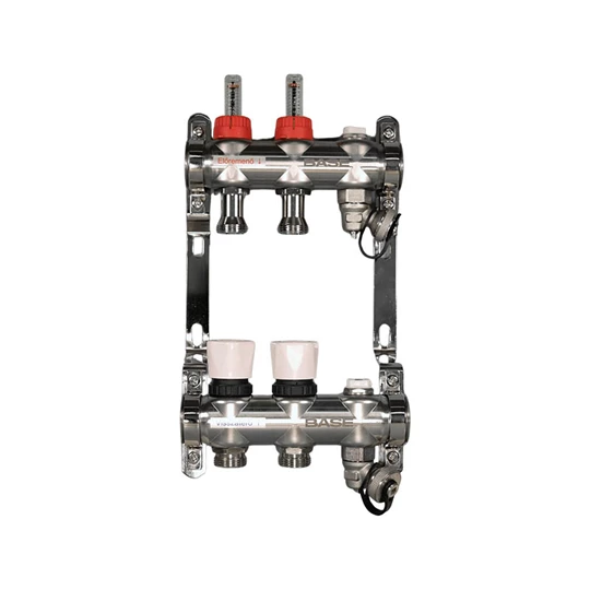 BASE rozsdamentes osztó-gyűjtő, áramlásmérős,  2 körös, konzollal, kézi légtelenítővel