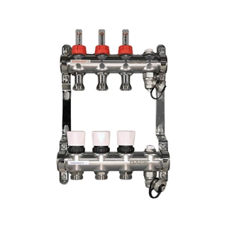 BASE rozsdamentes osztó-gyűjtő, áramlásmérős,  3 körös, konzollal, kézi légtelenítővel