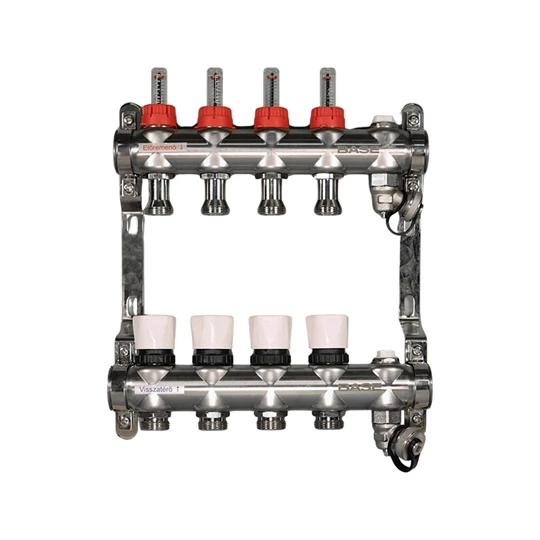 BASE rozsdamentes osztó-gyűjtő, áramlásmérős,  4 körös, konzollal, kézi légtelenítővel