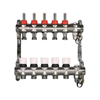 BASE rozsdamentes osztó-gyűjtő, áramlásmérős,  5 körös, konzollal, kézi légtelenítővel