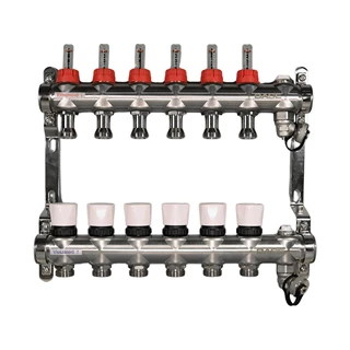 BASE rozsdamentes osztó-gyűjtő, áramlásmérős,  6 körös, konzollal, kézi légtelenítővel
