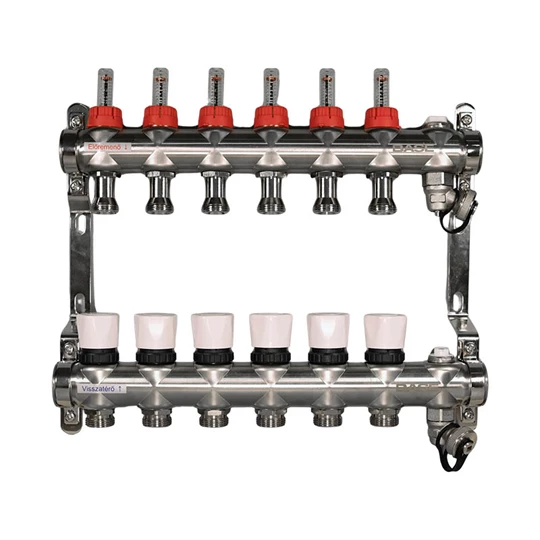 BASE rozsdamentes osztó-gyűjtő, áramlásmérős,  6 körös, konzollal, kézi légtelenítővel