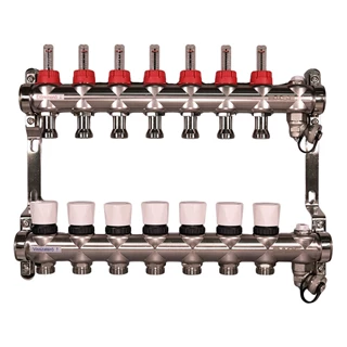 BASE rozsdamentes osztó-gyűjtő, áramlásmérős,  7 körös, konzollal, kézi légtelenítővel