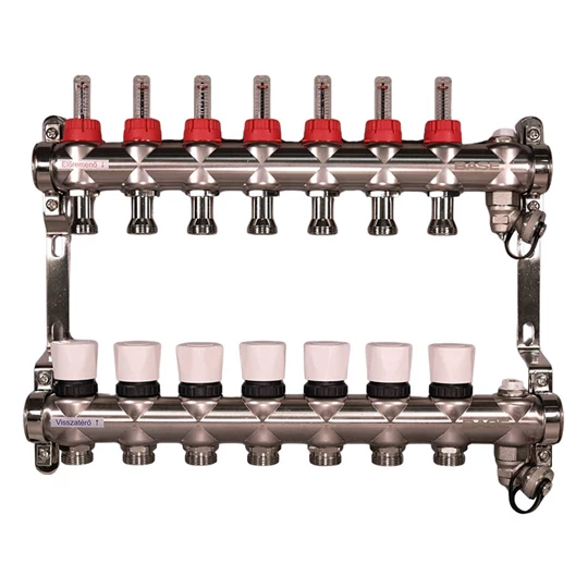 BASE rozsdamentes osztó-gyűjtő, áramlásmérős,  7 körös, konzollal, kézi légtelenítővel