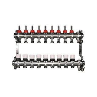 BASE rozsdamentes osztó-gyűjtő, áramlásmérős,  9 körös, konzollal, kézi légtelenítővel