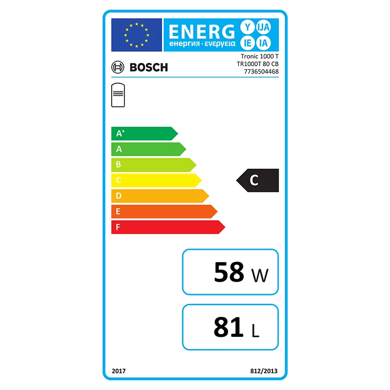 Bosch Tronic 1000T függesztett villanybojler bal oldali bekötésű fűtőspirállal, 80 L, 2kW