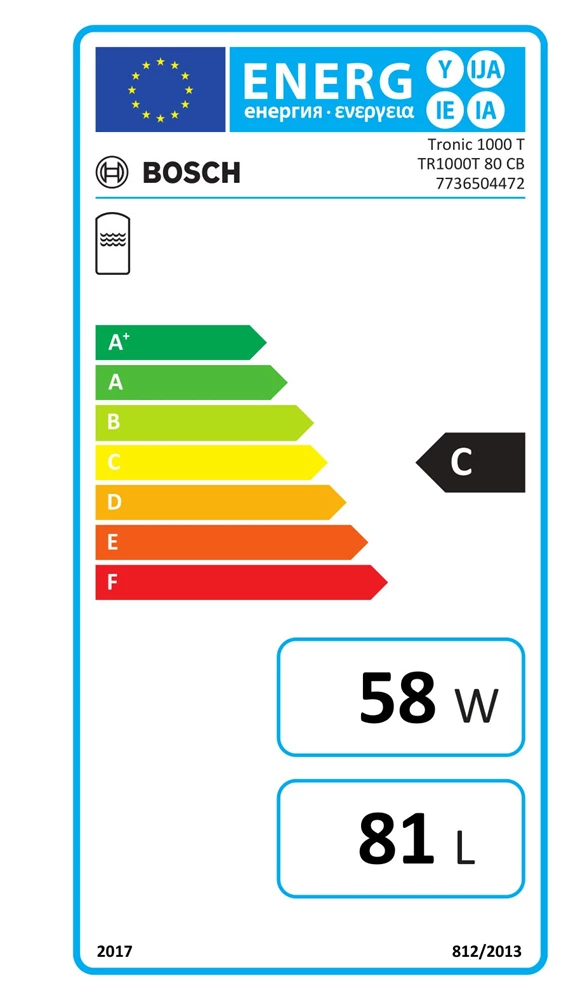 Bosch Tronic 1000T függesztett villanybojler jobb oldali bekötésű fűtőspirállal, 80 L, 2kW