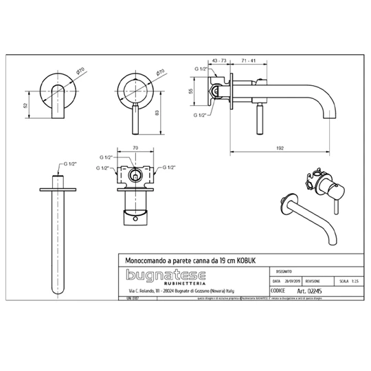 Bugnatese Kobuk falsík alatti mosdó csaptelep 190mm-es beömlővel, látható rész, króm felület