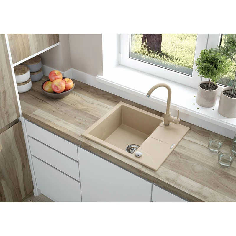 Deante Andante gránit mosogató,1 medence+csepegtető, lefolyó+szifon, 590x490x194mm, homok