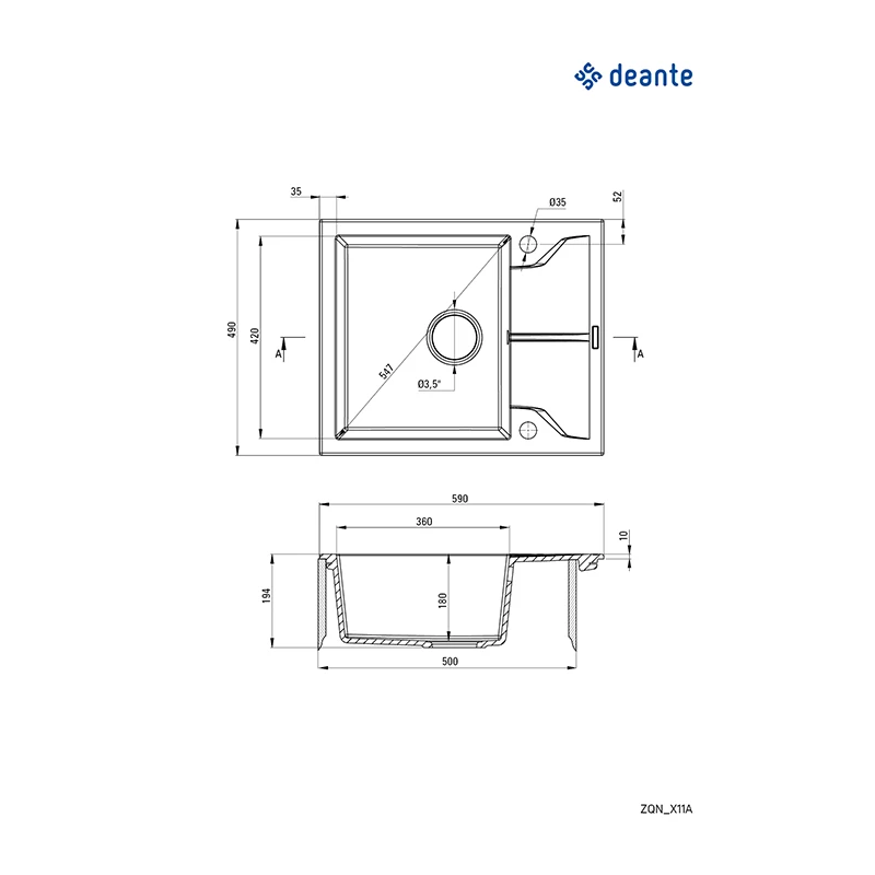 Deante Andante gránit mosogató,1 medence+csepegtető, lefolyó+szifon, 590x490x194mm, homok