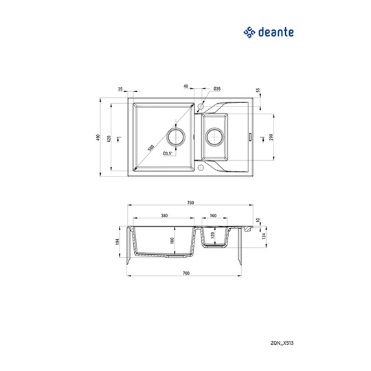 Deante Andante gránit mosogató,1 medence+csepegtető, lefolyó+szifon, 780x490x194mm, alabástrom