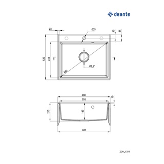 Deante Andante gránit mosogató,1 medence, lefolyó+szifon, 600x520x210mm, alabástrom