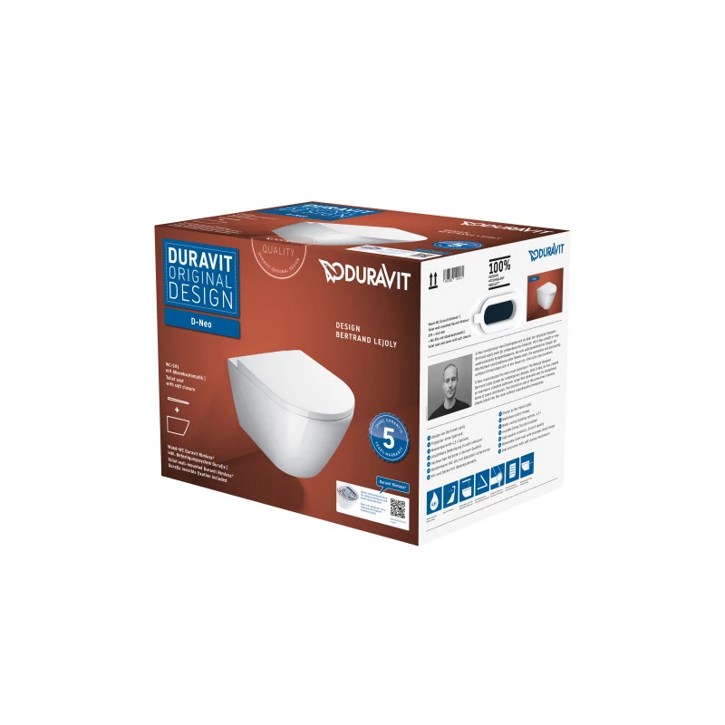Duravit D-Neo fali-wc kombipack, Rimless, mélyöblítésű, 540x370 mm, Soft-Close wc-ülőke, nemesacél zsanérok