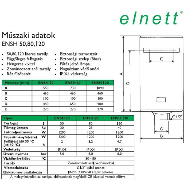 Elnett ECO 120L villanybojler, 120 liter