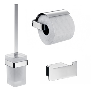 Emco Loft kiegészítő szett: wc-papír tartó fedeles, wc-kefe tartó, dupla akasztó, króm