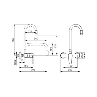 Ferro Algeo fali mosogatócsaptelep felső kifolyós, fekete flexibilis kifolyócsővel, króm