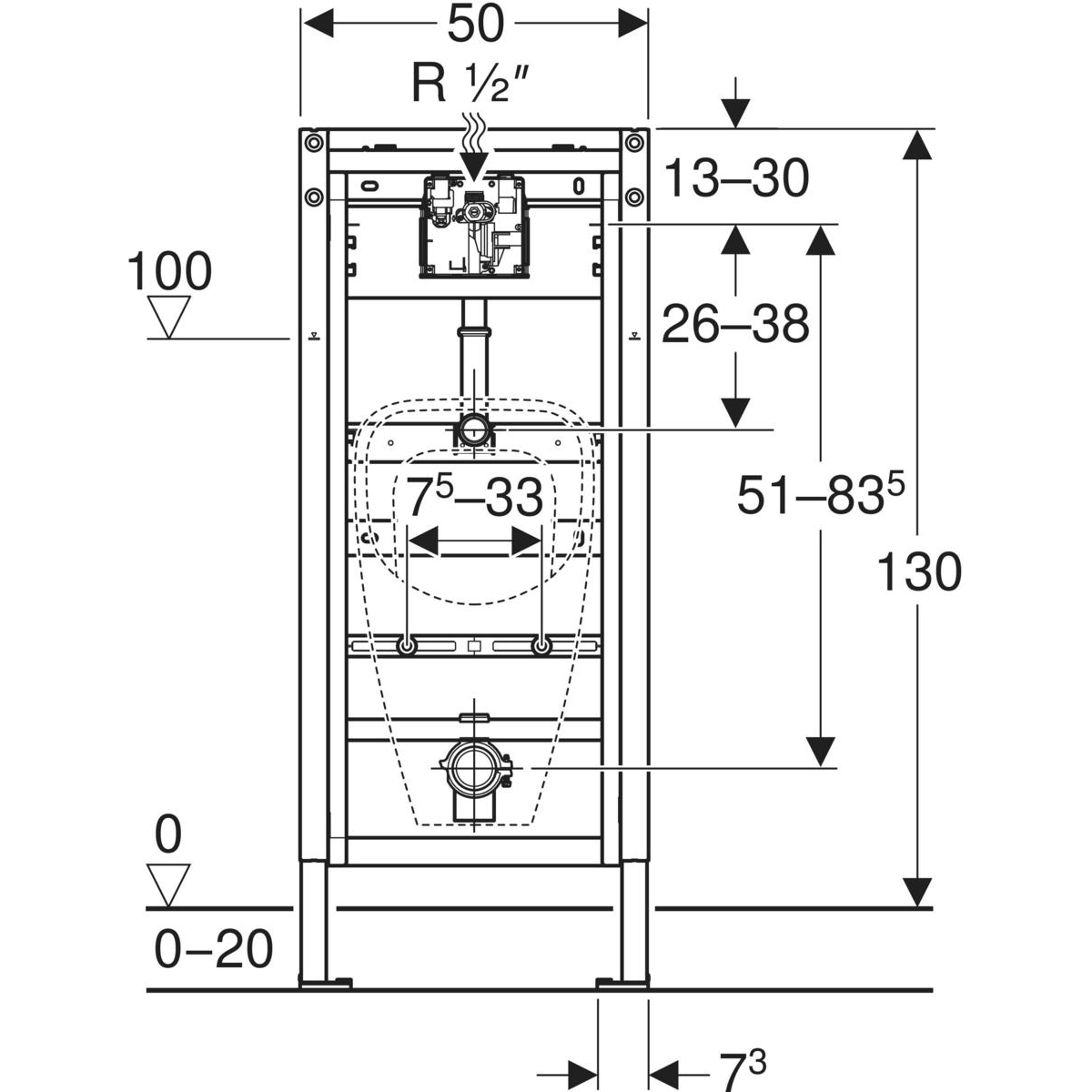 Geberit Duofix vizelde elem, 130 cm, univerzális, Basic vizeldevezérléshez