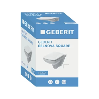 Geberit Selnova Square mélyöblítésű fali WC készlet 53cm, Rimfree, szögletes, lecsapódásgátlós, gyorskioldós WC-ülőkével