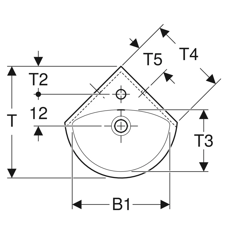 Geberit Selnova sarok kézmosó, 41.4x16.4x41.2cm, csaplyuk középen, túlfolyóval