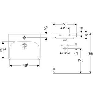 Geberit Smyle Square kézmosó, 50 x 16 x 41 cm, csaplyuk középen, túlfolyó