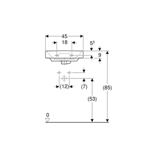 Geberit Smyle Square kézmosó aszimmetrikus túlfolyóval, 45 cm x 16 cm x 36 cm, középen csaplyuk, látható túlfolyó