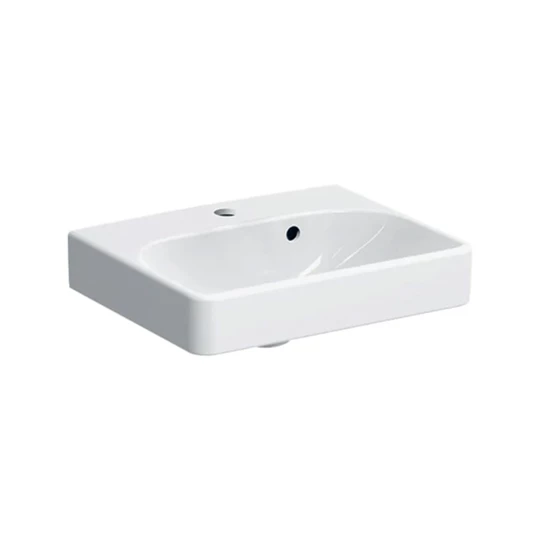 Geberit Smyle Square kézmosó aszimmetrikus túlfolyóval, 45 cm x 16 cm x 36 cm, középen csaplyuk, látható túlfolyó