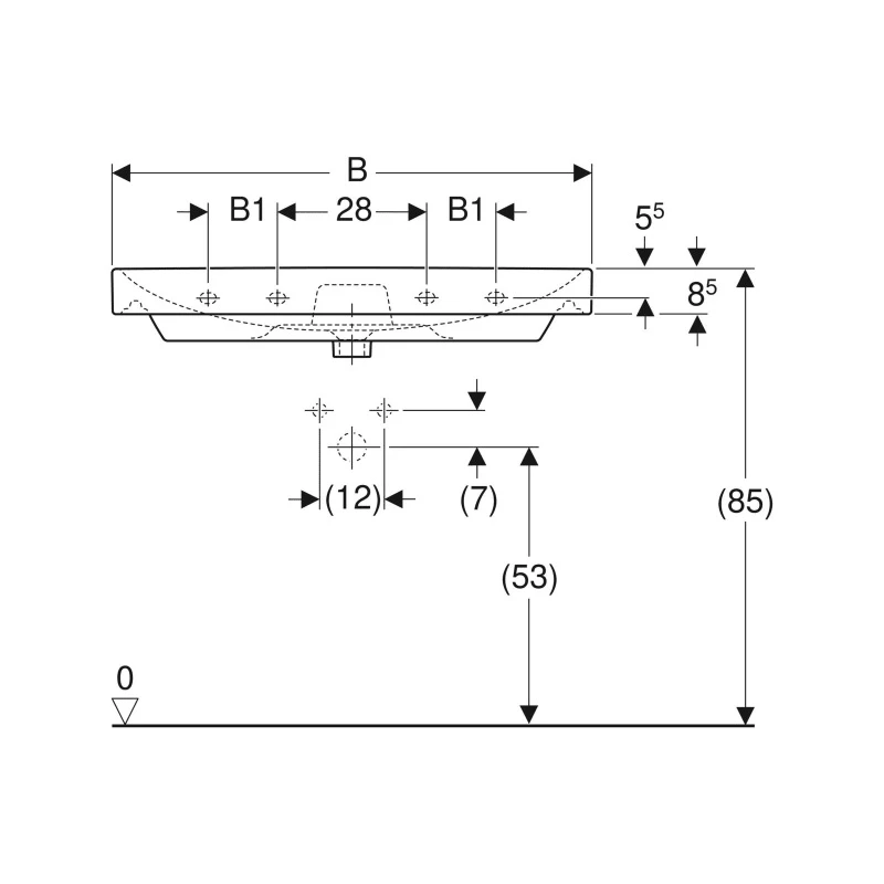 Geberit Smyle Square mosdó, 120 cm x 16.5 cm x 48 cm, csaplyuk bal és jobb, túlfolyó látható