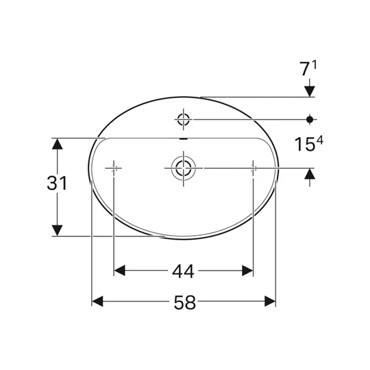 Geberit VariForm pultra ültethető mosdó, ovális, csaplyuk-peremmel, 60 cm x 15.8 cm x 45 cm, túlfolyó látható
