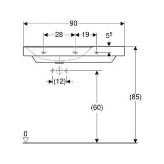 Geberit Xeno˛ mosdó pakolófelülettel, 90 cmx14 cmx48 cm, csaplyuk középen, túlfolyó nélkül, jobb lerakófelület, KeraTect
