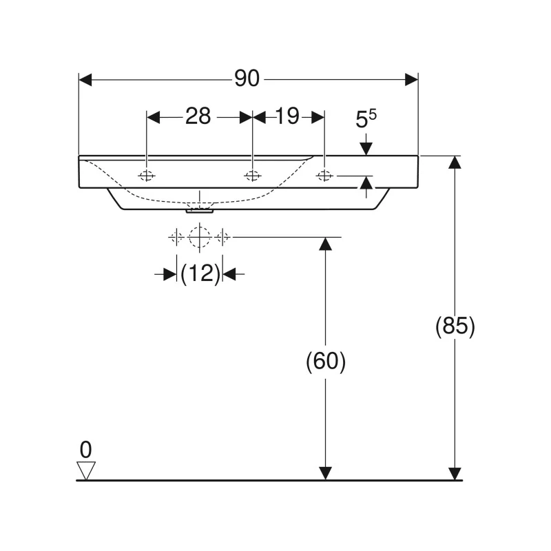 Geberit Xeno˛ mosdó pakolófelülettel, 90 cmx14 cmx48 cm, csaplyuk középen, túlfolyó nélkül, jobb lerakófelület, KeraTect